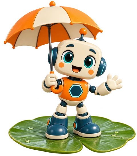 Le petit robot sur un nénuphar avec son parapluie