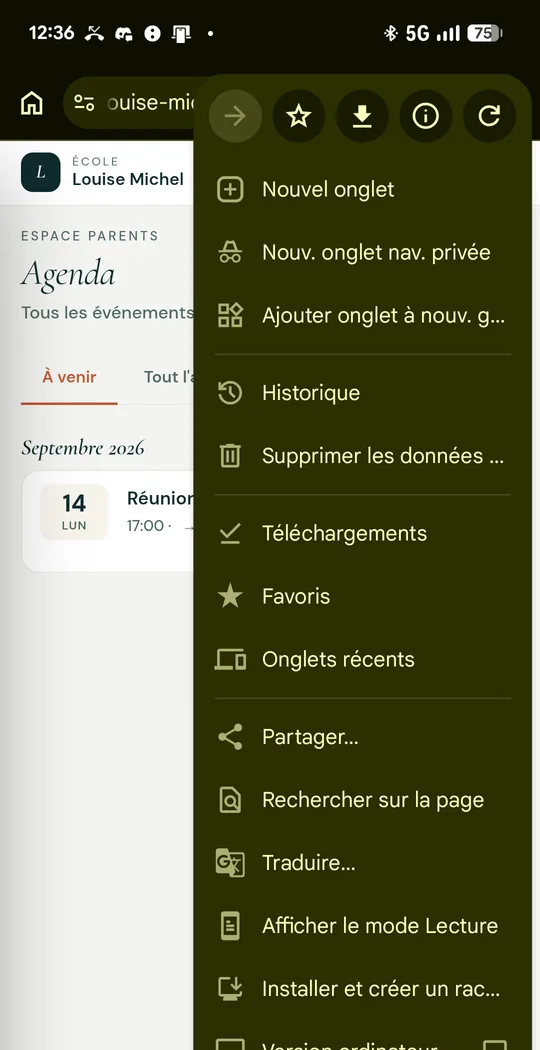 Menu de Chrome ouvert, avec la ligne « Installer et créer un raccourci » en bas de liste.