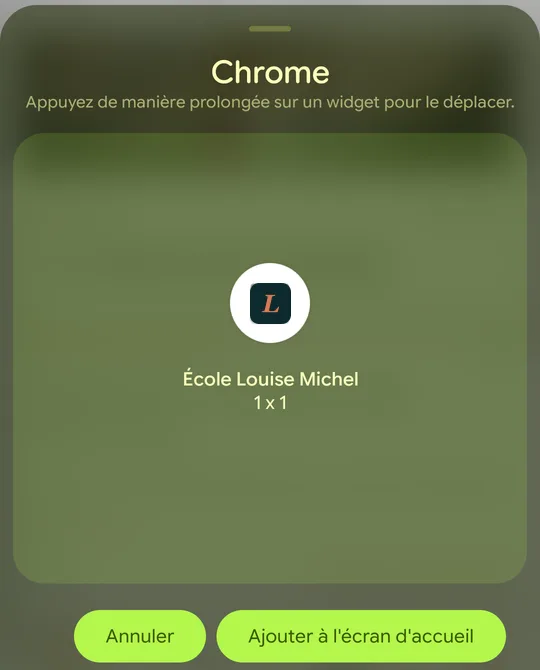 Fenêtre de confirmation Chrome avec le bouton « Ajouter à l'écran d'accueil ».